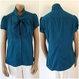 Medium Deep Teal Express Short Sleeve Bow Blouse